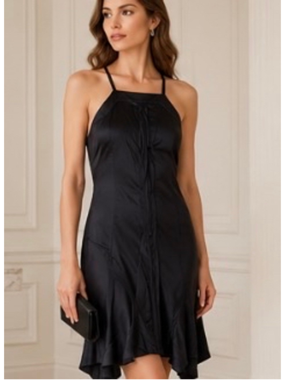 Miu Miu Y2K Black Silk Satin Back Strappy Midi Dress, Size 8/44 Italy NWT